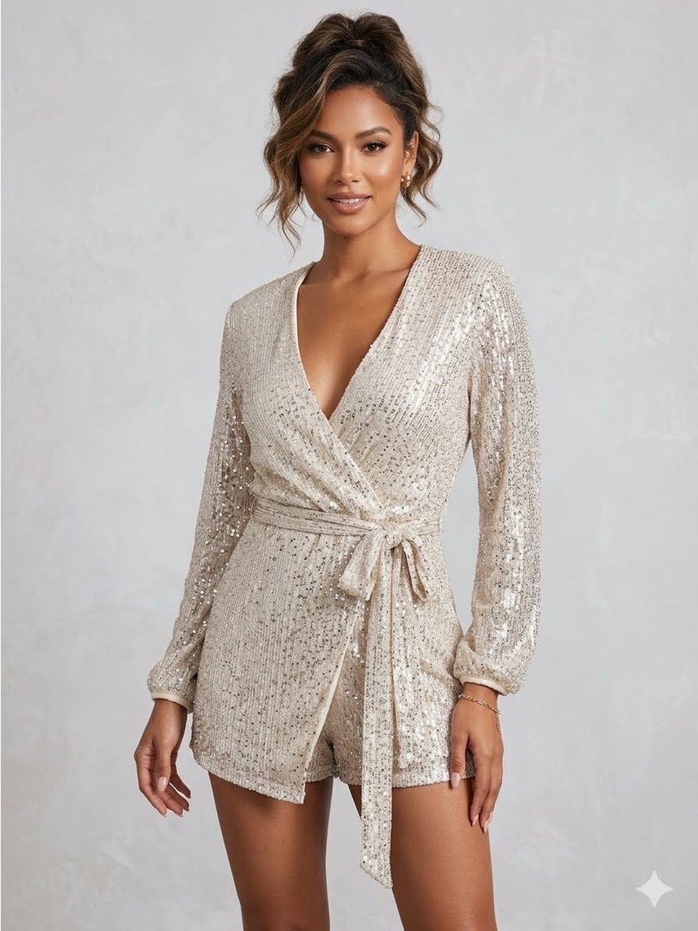 On Twelfth Shimmering Sequin Wrap Romper Playsuit - Size S